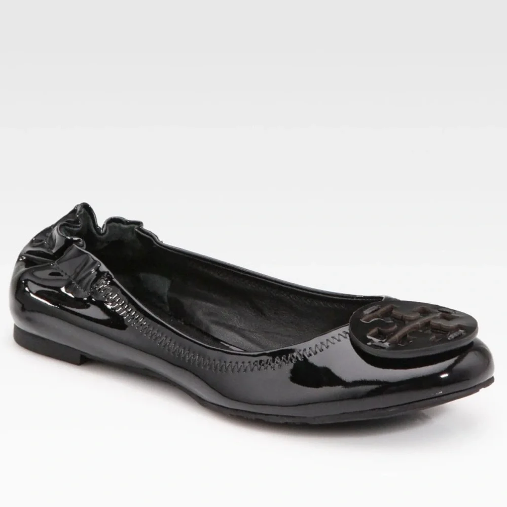 Tory Burch Black Patent Leather Reva Scrunch Ballet Flats Size 7.5
